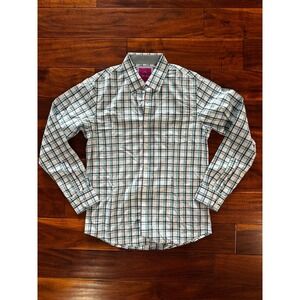 Park West Men Plaid Button Down Shirt Green Blue White Long Sleeve Small 14.5-15